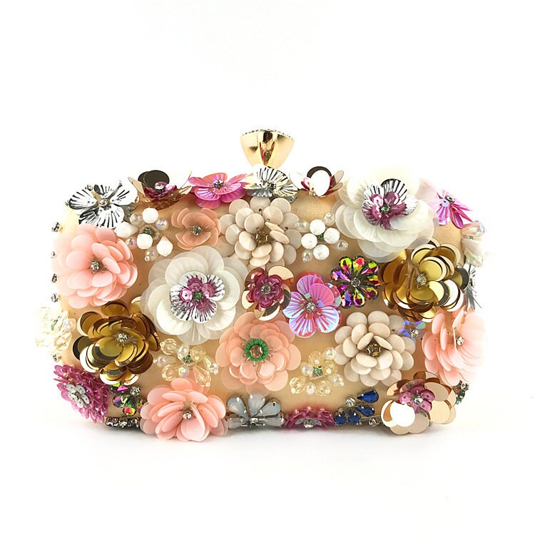 Blue Floral Beaded Evening Clutch Bag