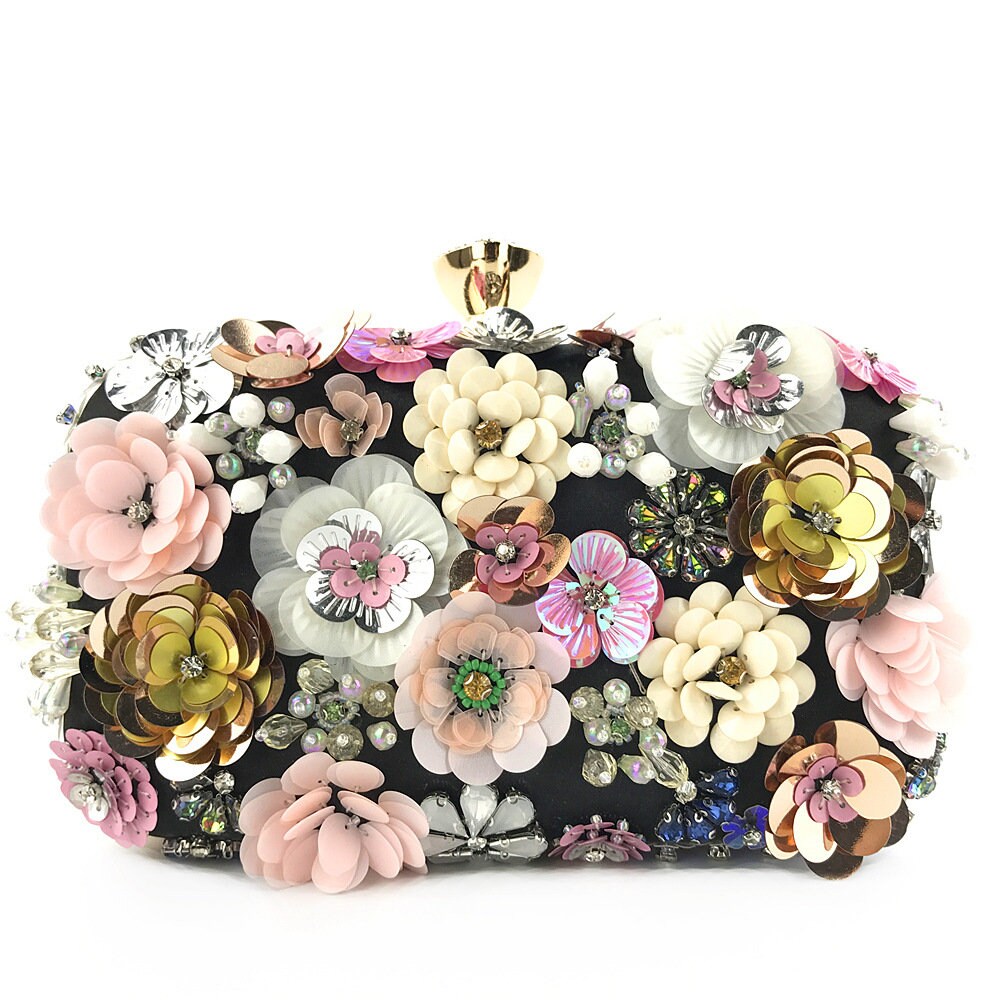 Blue Floral Beaded Evening Clutch Bag