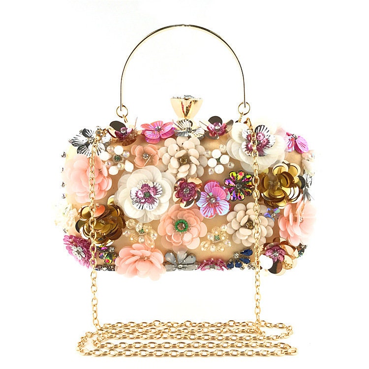 Blue Floral Beaded Evening Clutch Bag