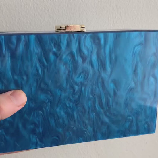 Blue Pearlescent Acrylic Box Clutch, Marble Design Blue Acrylic Evening Bag, Engagement Party Handbag, Bridal Wedding Prom Purse