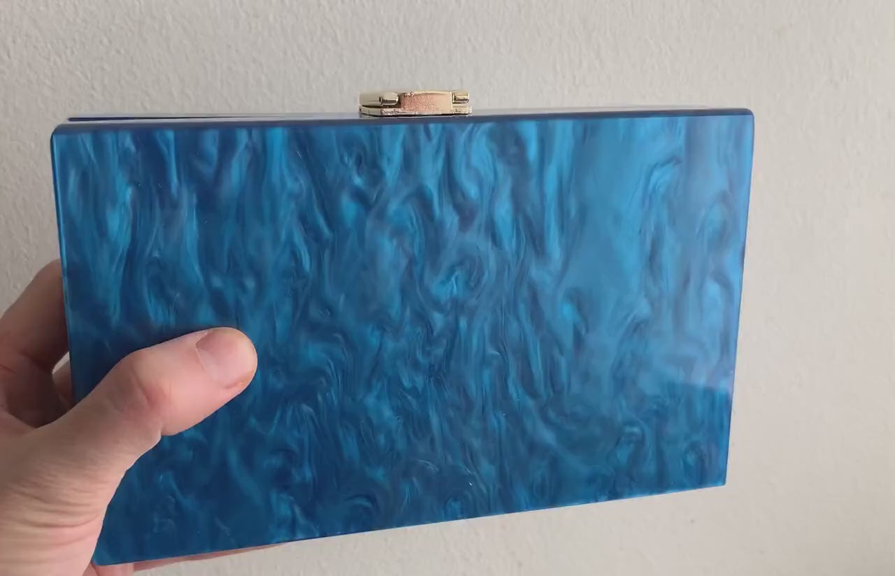 Blue Pearlescent Acrylic Box Clutch, Marble Design Blue Acrylic Evening Bag, Engagement Party Handbag, Bridal Wedding Prom Purse